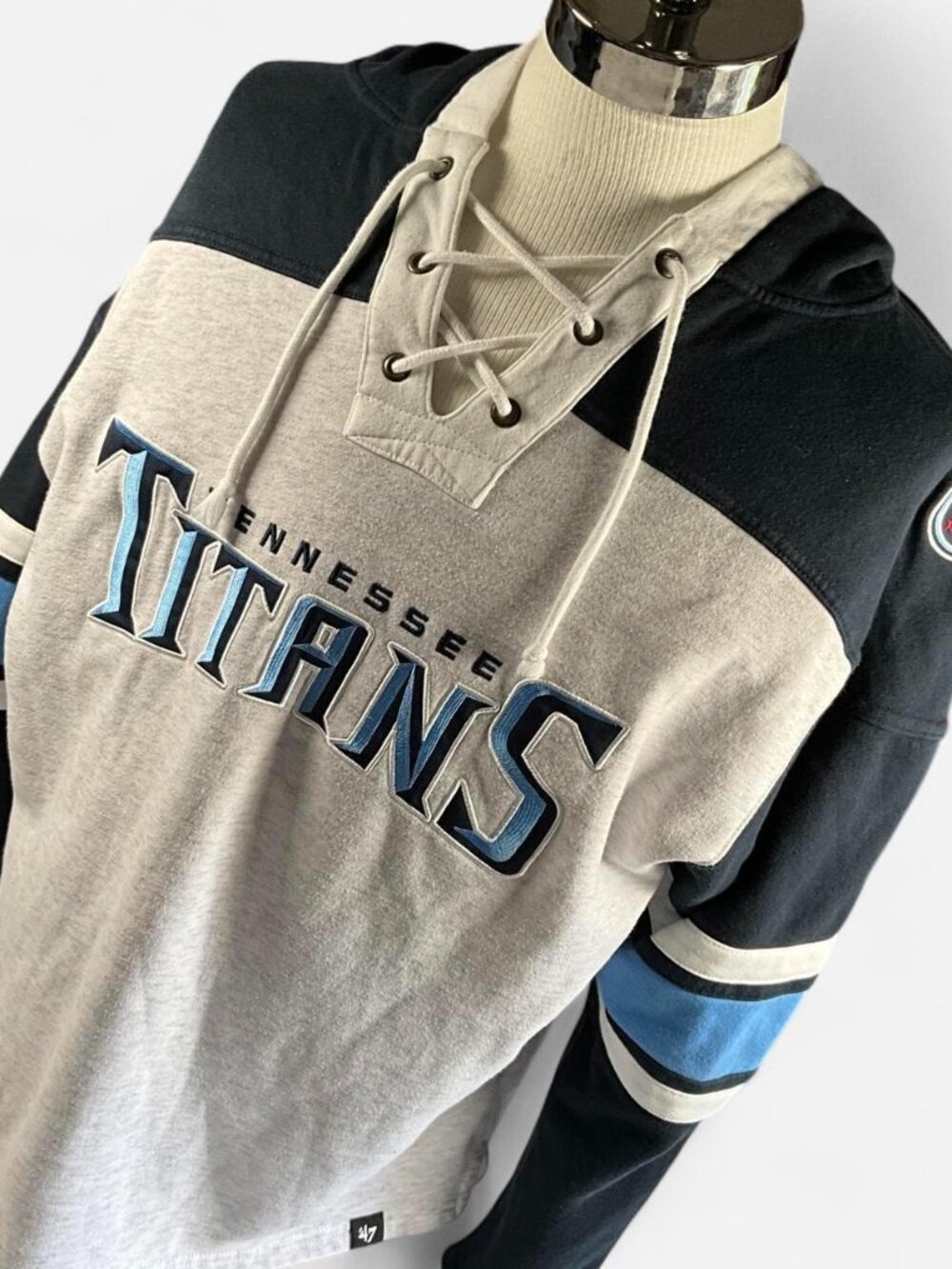 '47 Tennessee Titans NFL Gray Blue Laced Hooded Pullover Sweatshirt (XLarge)